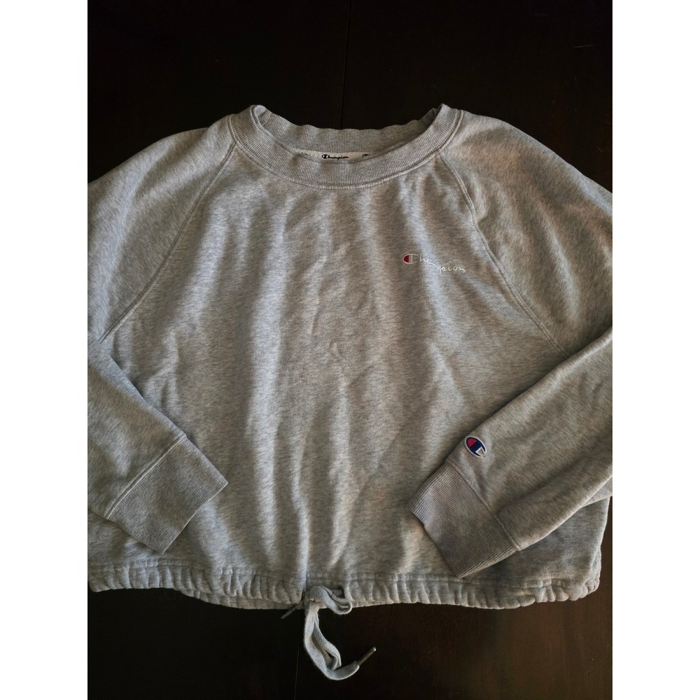 Champion Womens XL Gray Cropped Cinch Waist Raglan Fleece Sweatshirt Logo